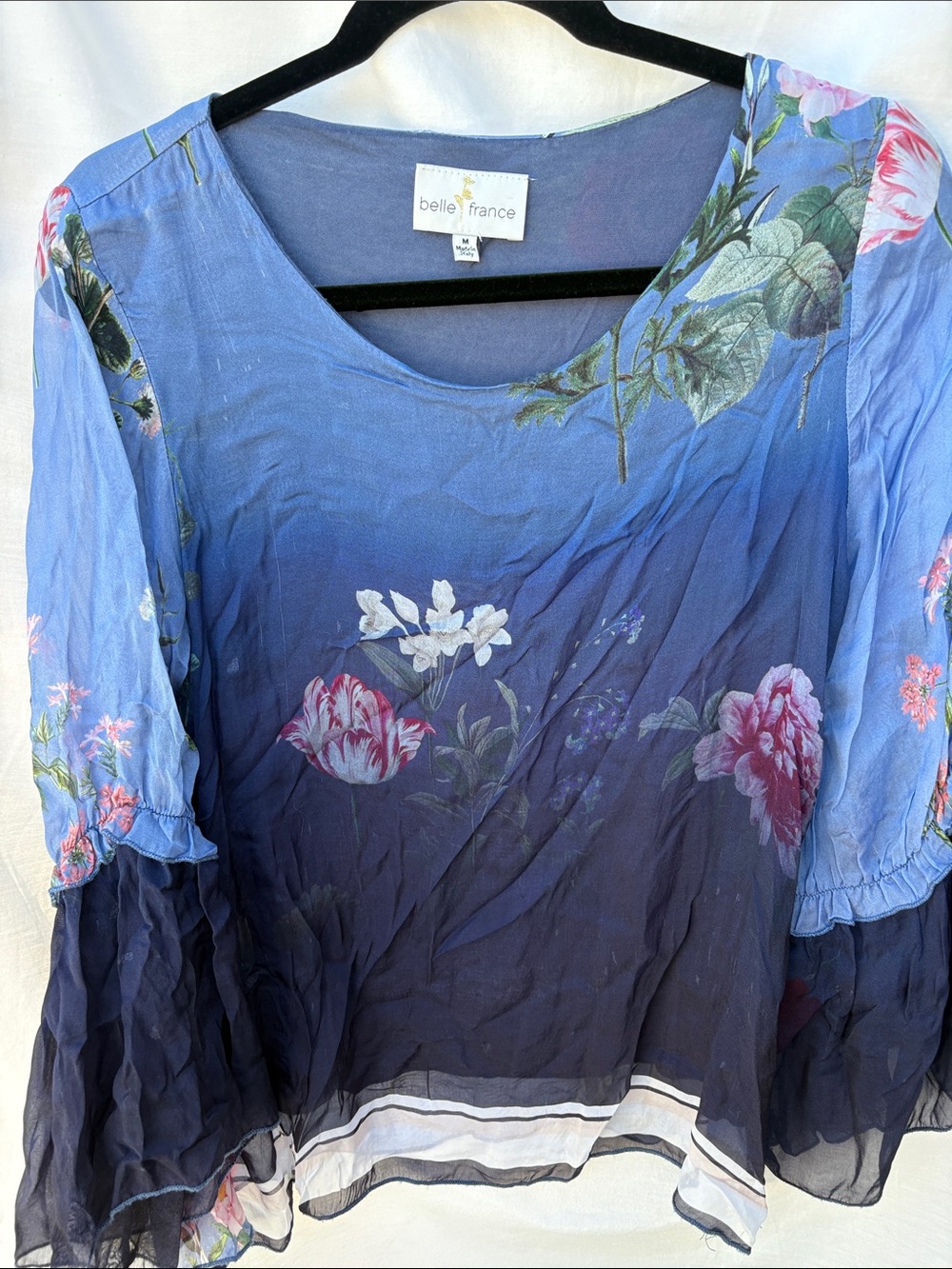 Belle France Blue Ombre Floral Peasant Blouse